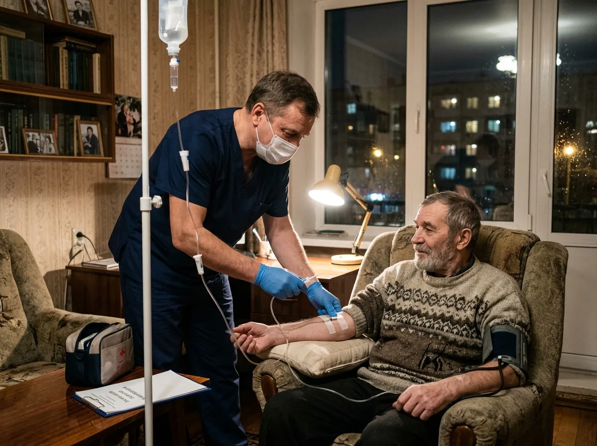 Врач-нарколог ставит капельницу пациенту на дому в Нижнем Новгороде, ночное освещение, медицинская атмосфера доверия и профессионализма