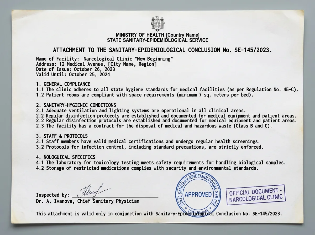 Приложение к санитарно-эпидемиологическому заключению наркологической клиники, официальный документ, детальный скан