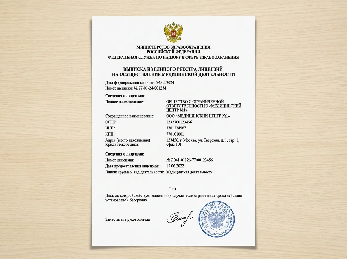 Выписка из реестра лицензий Росздравнадзора на медицинскую деятельность, лист 1, официальный документ