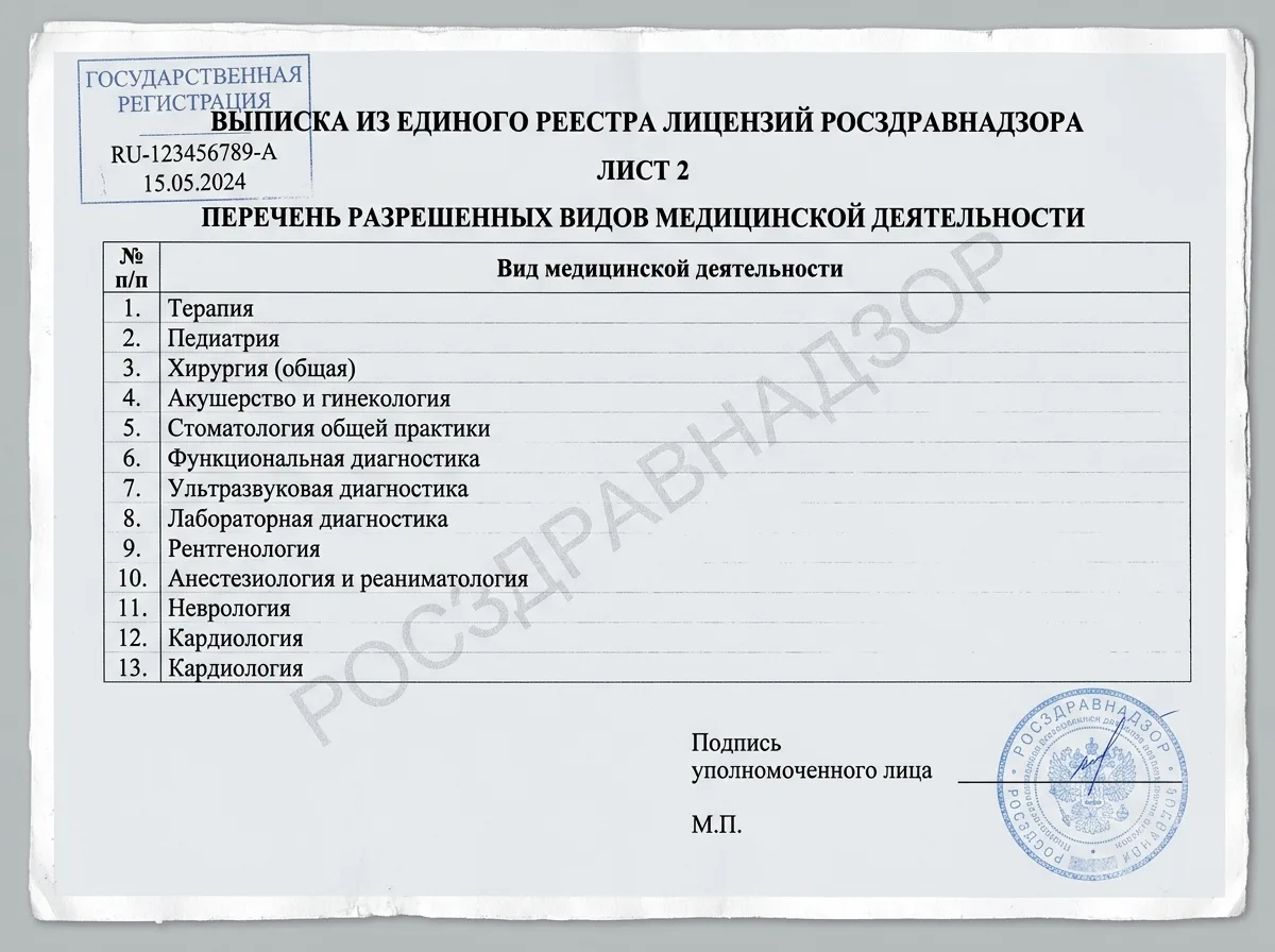 Выписка из реестра лицензий Росздравнадзора, лист 2, перечень разрешённых видов медицинской деятельности, официальный скан